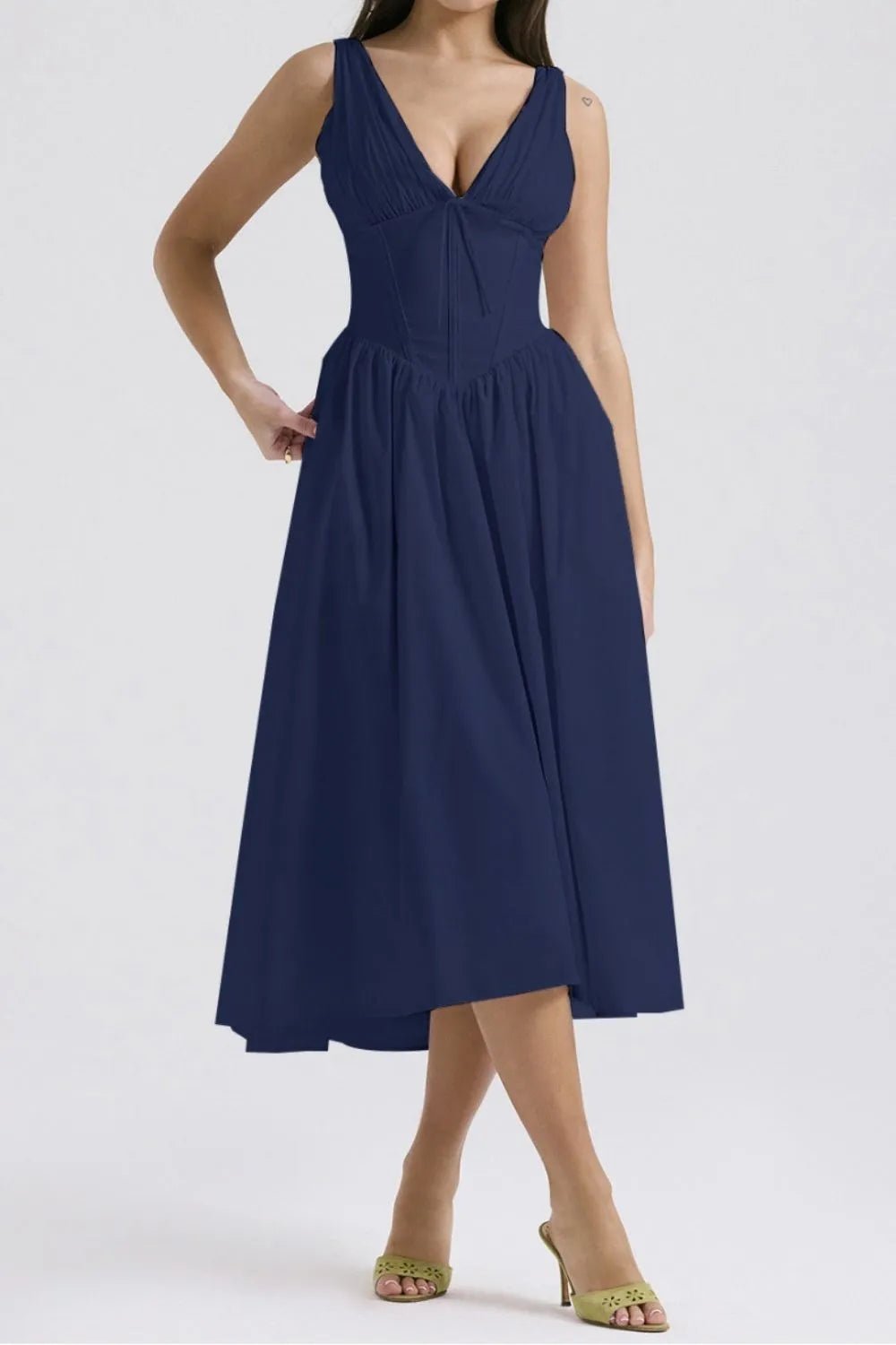 Ruched V - Neck Sleeveless Dress with Pockets