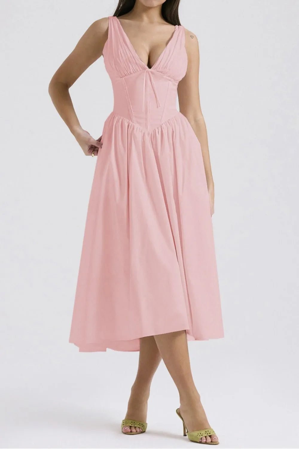 Ruched V - Neck Sleeveless Dress with Pockets