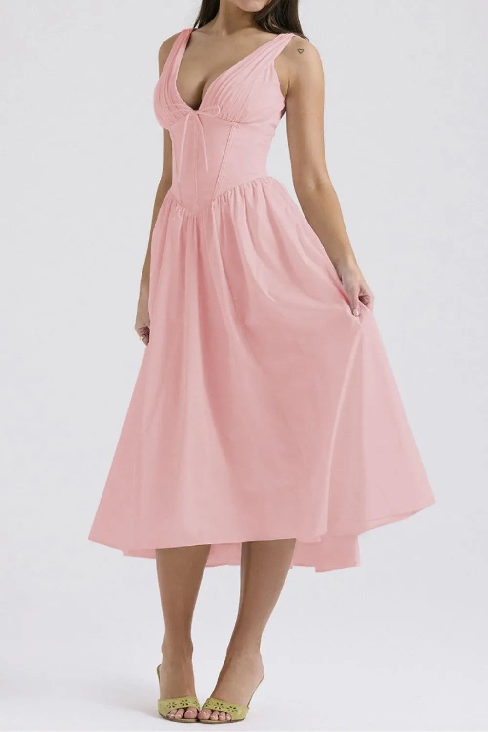 Ruched V - Neck Sleeveless Dress with Pockets
