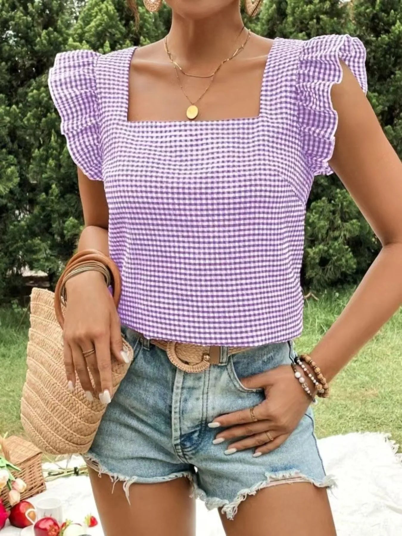 Ruffle Sleeve Gingham Square Neck Top
