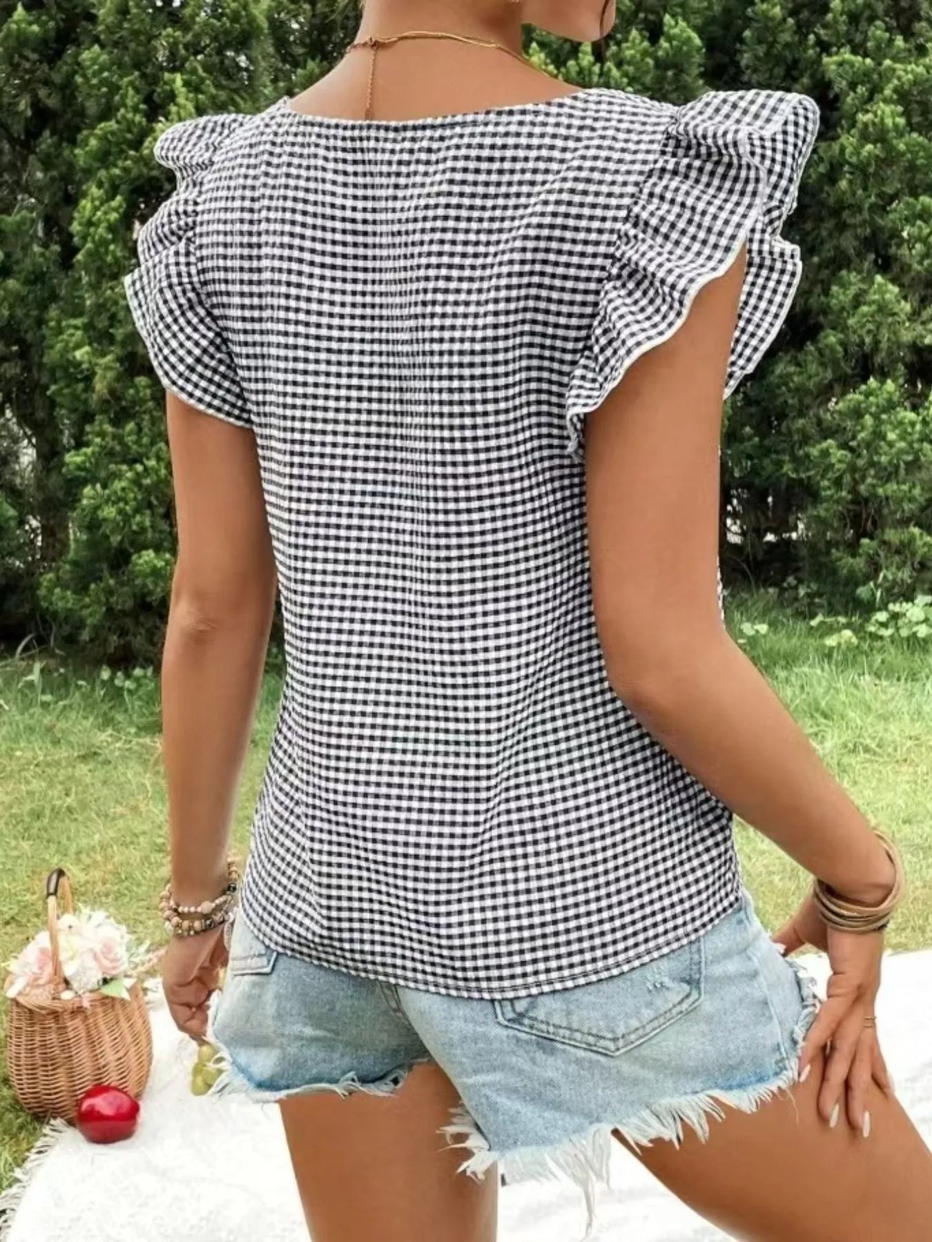 Ruffle Sleeve Gingham Square Neck Top