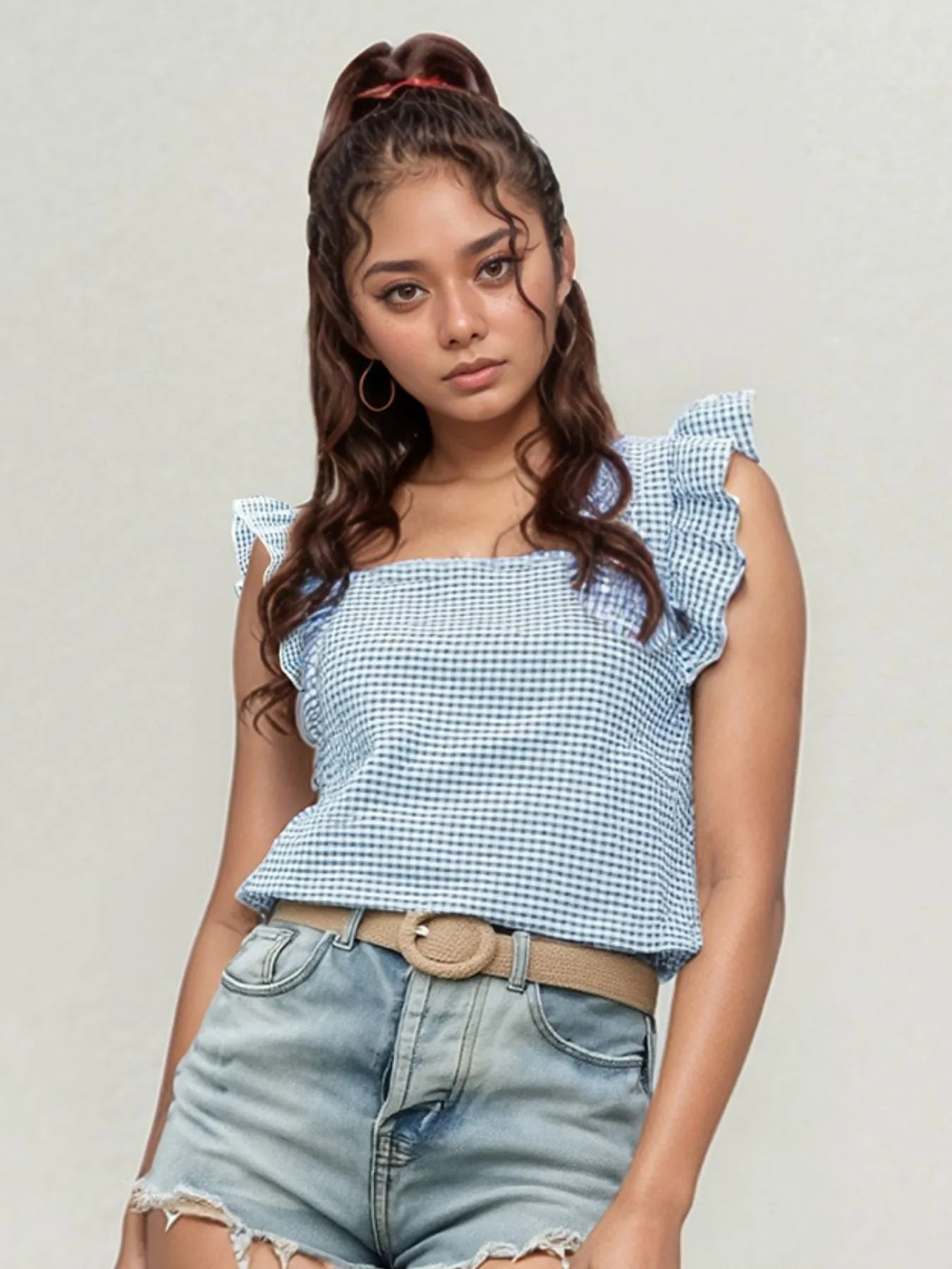 Ruffle Sleeve Gingham Square Neck Top