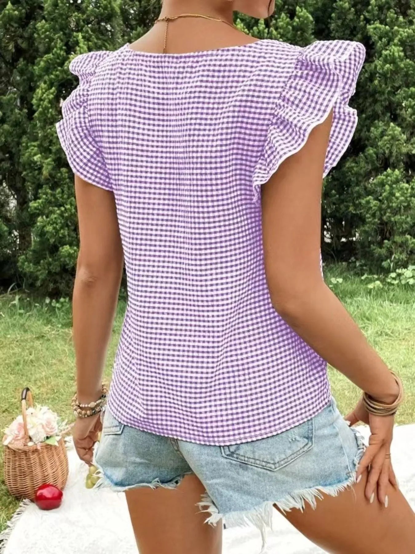 Ruffle Sleeve Gingham Square Neck Top