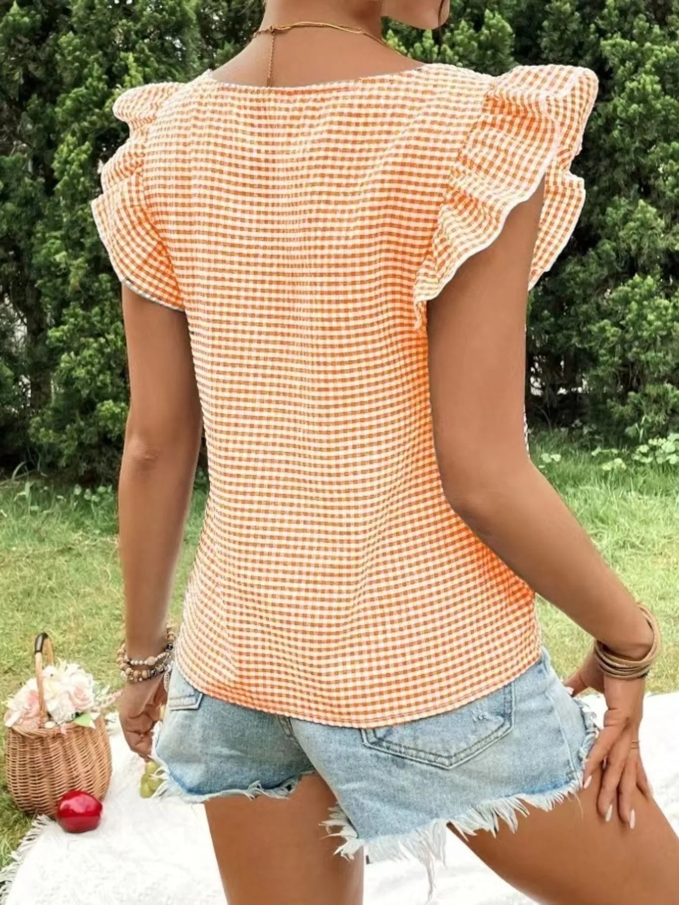 Ruffle Sleeve Gingham Square Neck Top