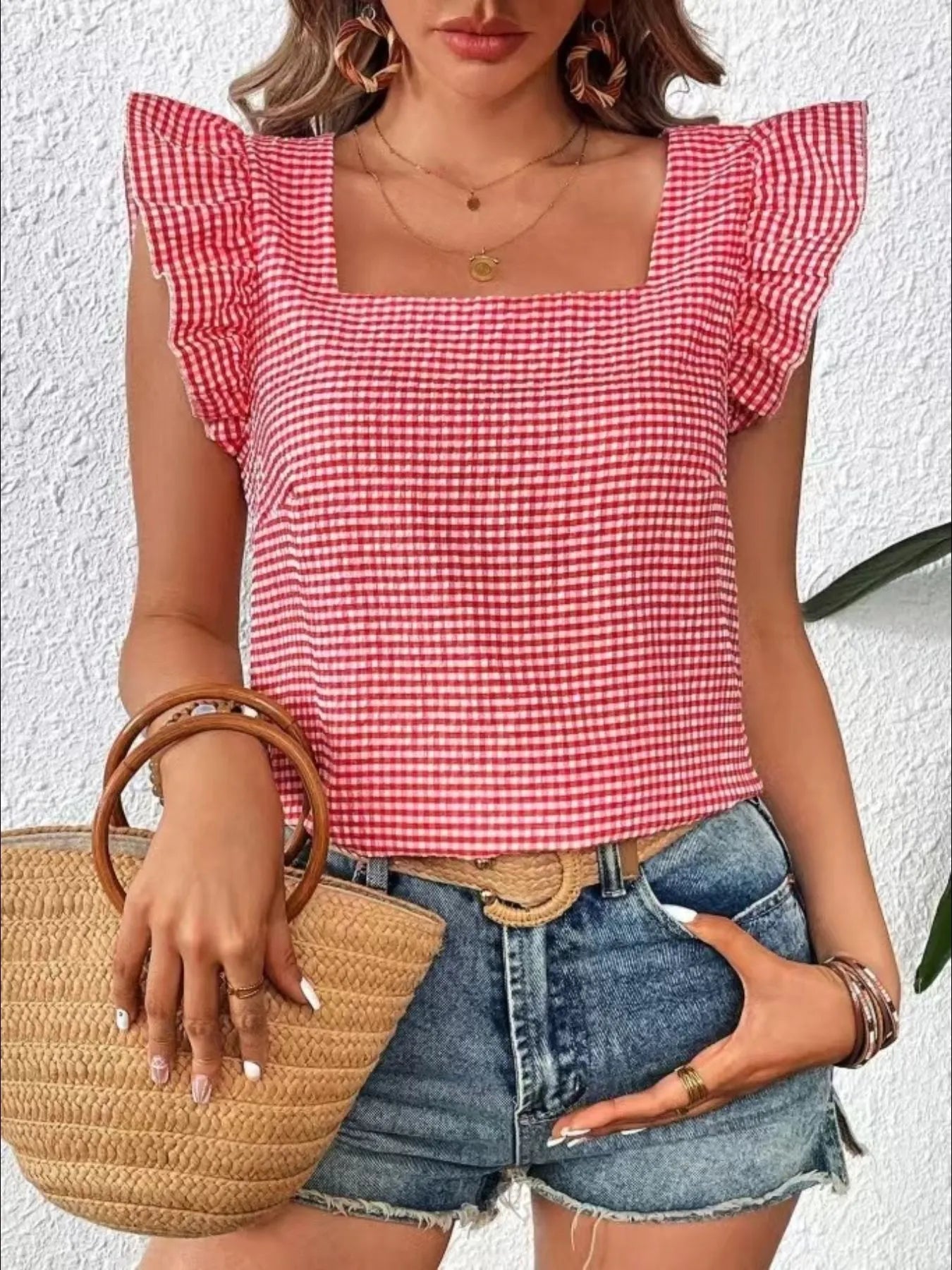 Ruffle Sleeve Gingham Square Neck Top
