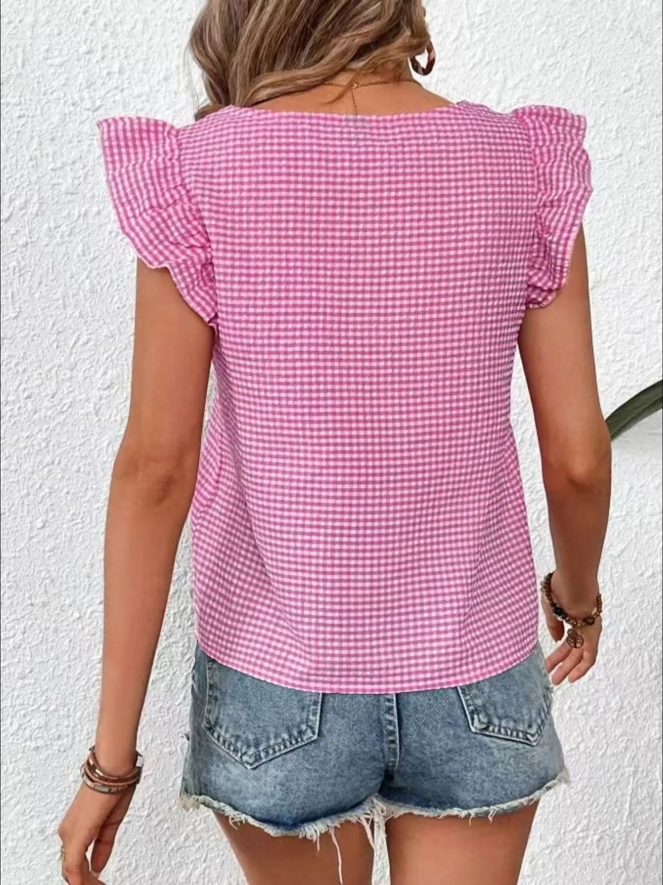 Ruffle Sleeve Gingham Square Neck Top