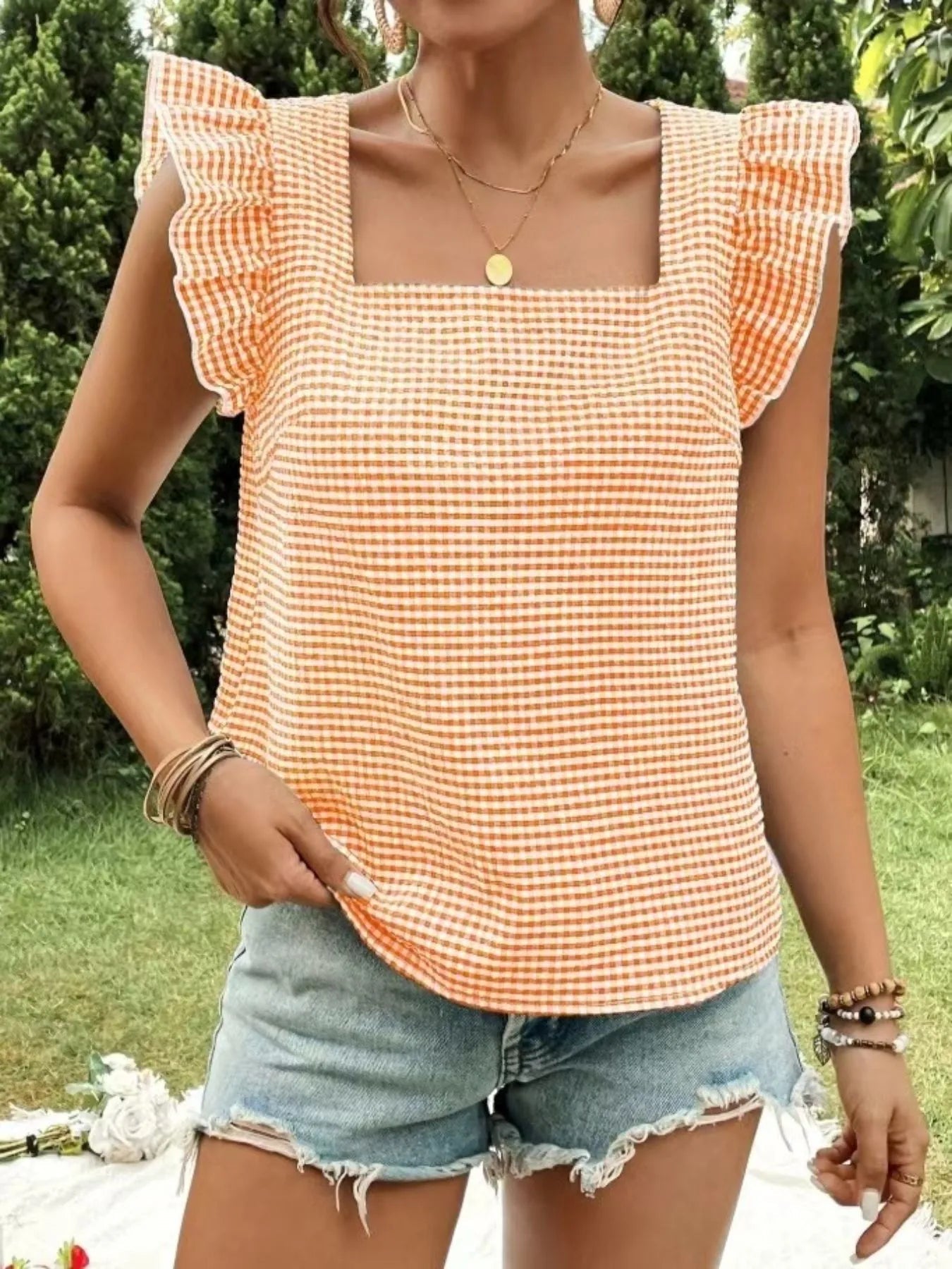 Ruffle Sleeve Gingham Square Neck Top