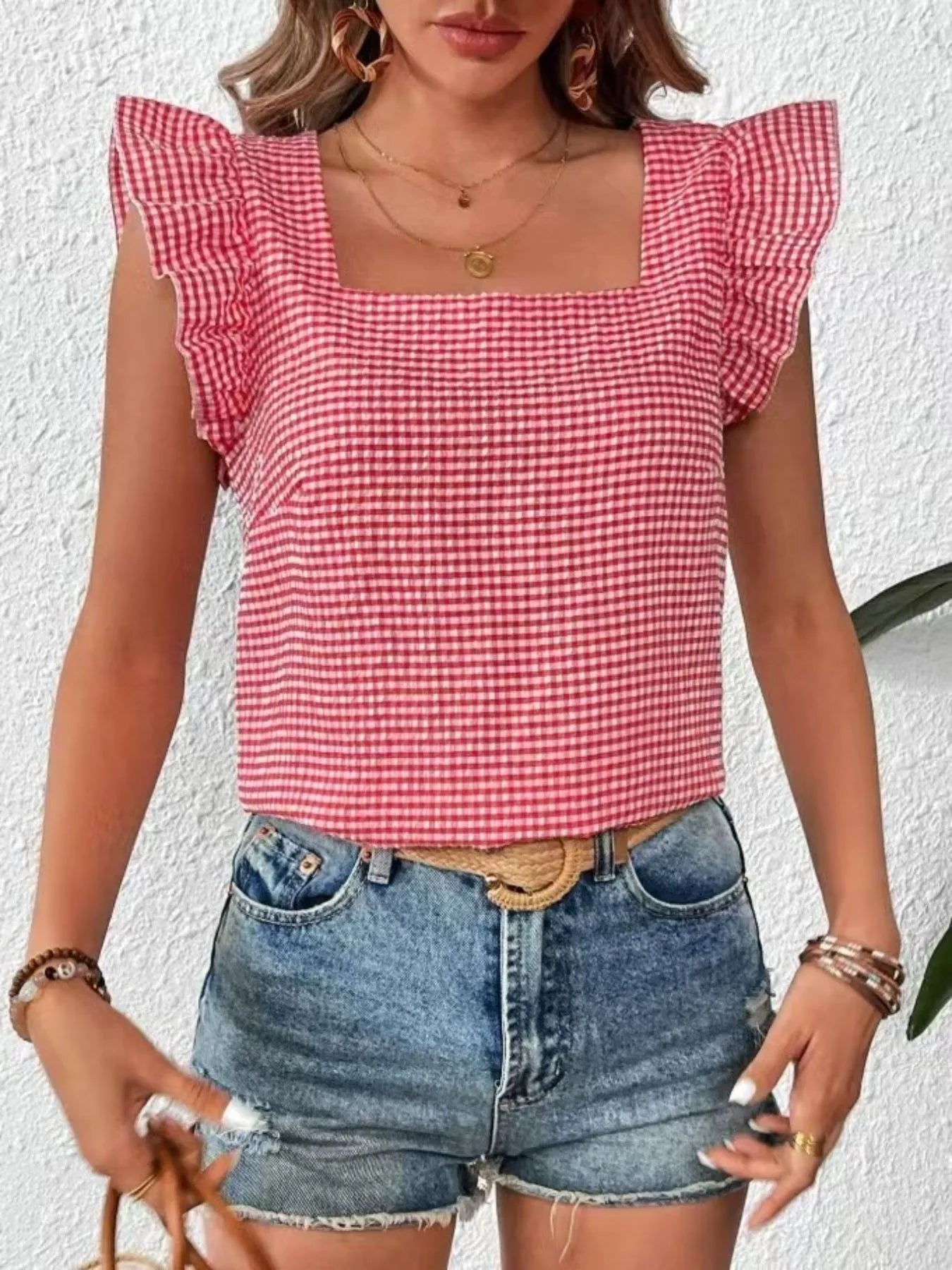 Ruffle Sleeve Gingham Square Neck Top