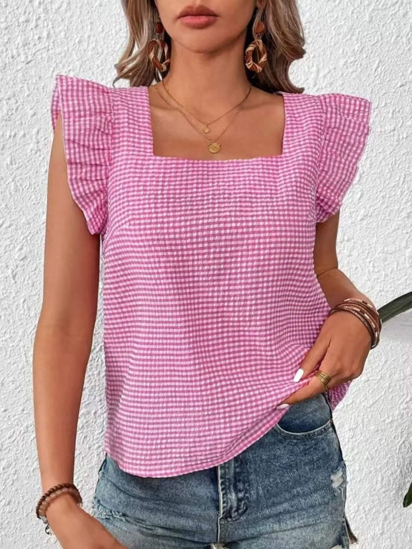Ruffle Sleeve Gingham Square Neck Top