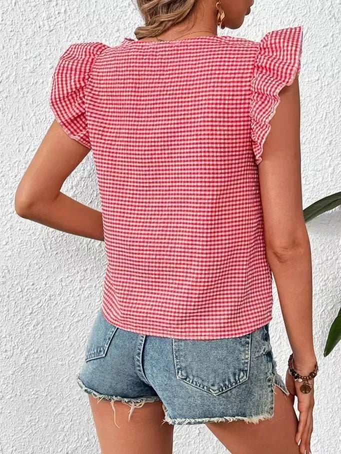 Ruffle Sleeve Gingham Square Neck Top