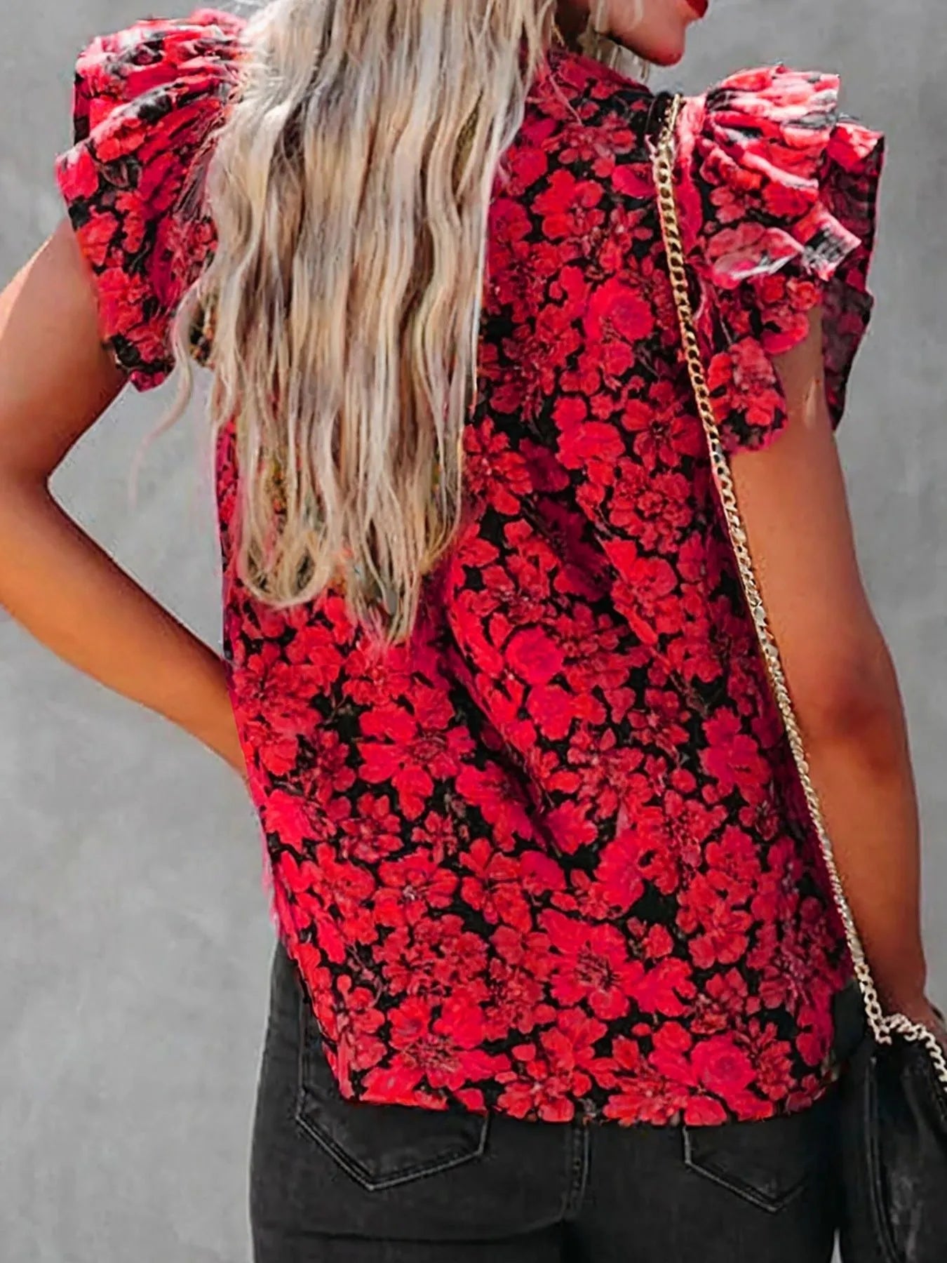 Ruffle Sleeve Notched Blouse