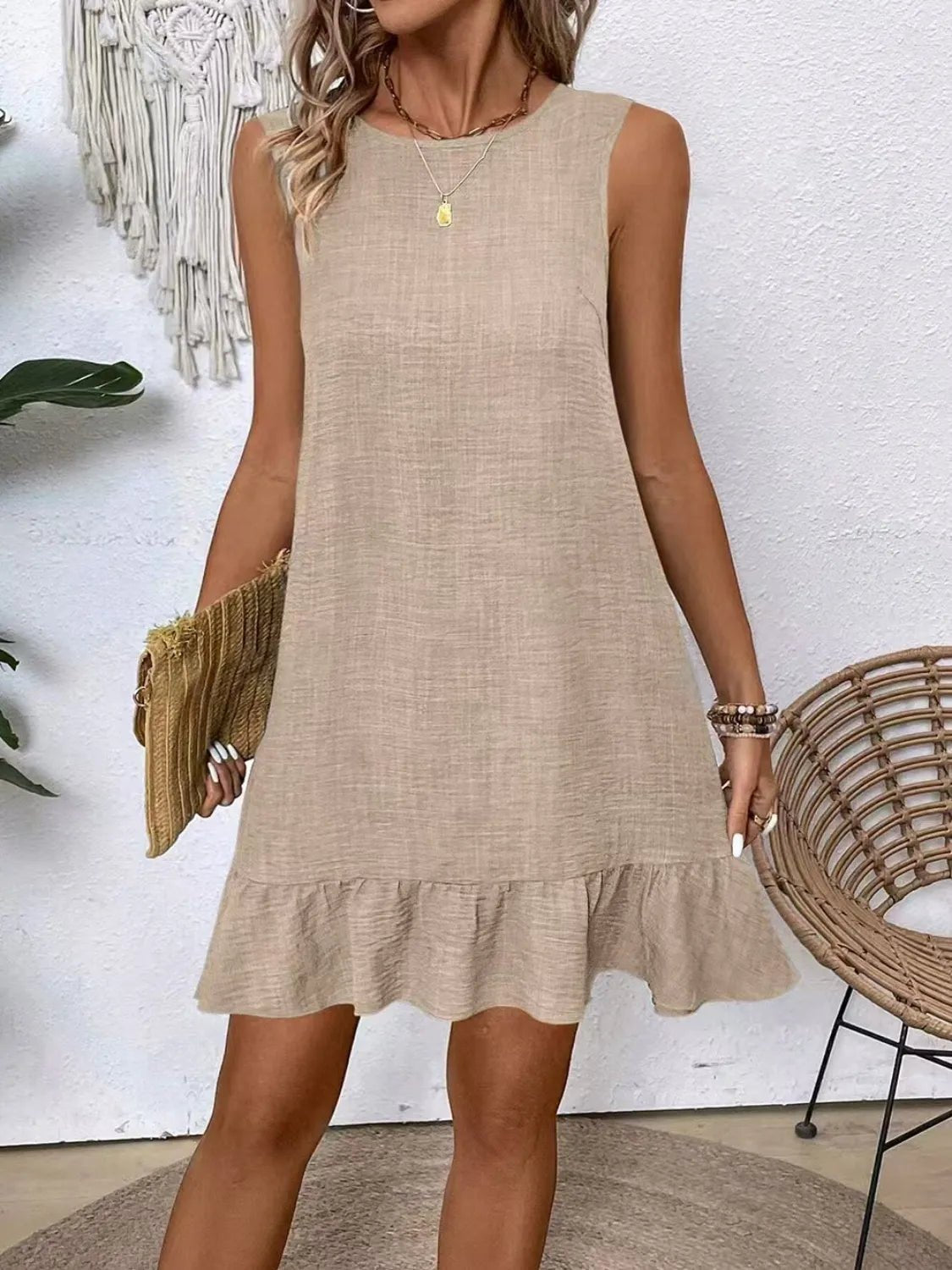 Ruffled Hem Round Neck Sleeveless Dress