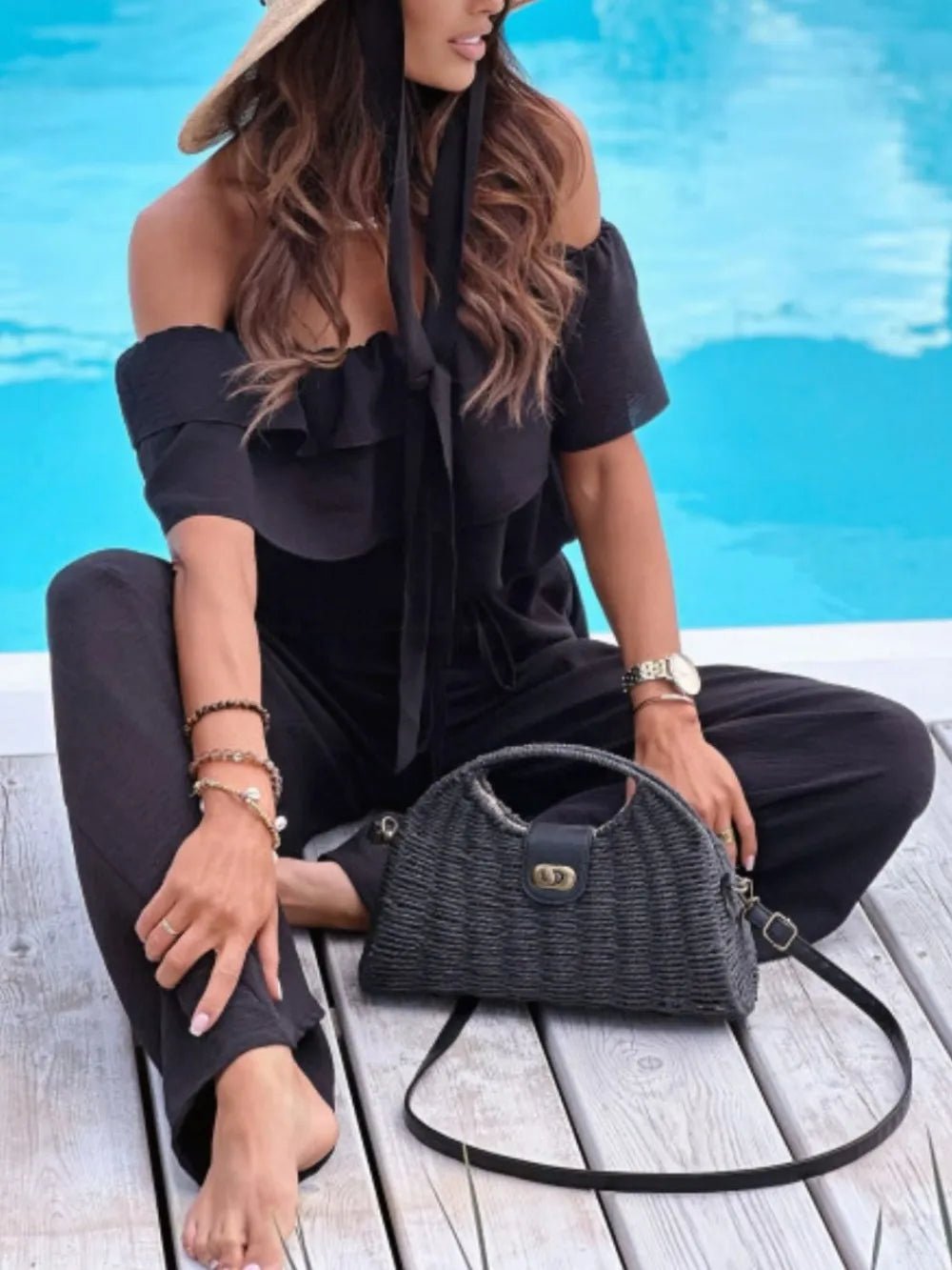 Ruffled Off Shoulder Wide Leg Jumpsuit