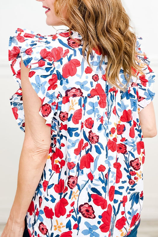 Ruffled Printed V - Neck Cap Sleeve BlouseBlouse