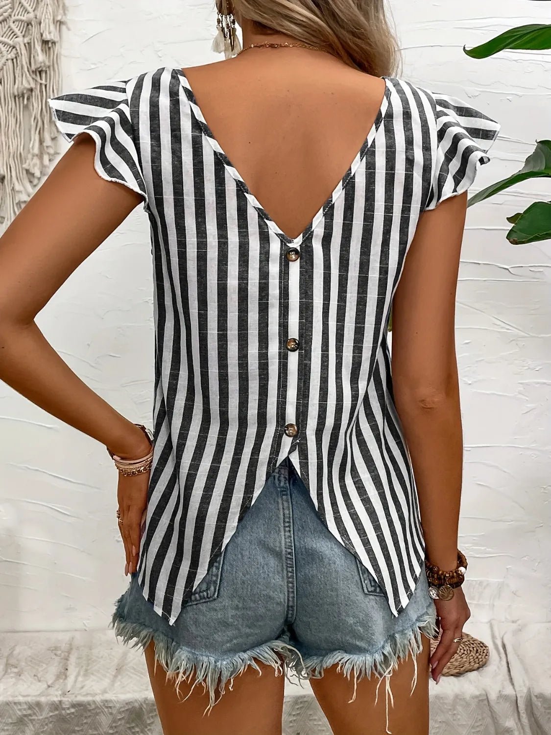 Ruffled Striped Round Neck Cap Sleeve Blouse