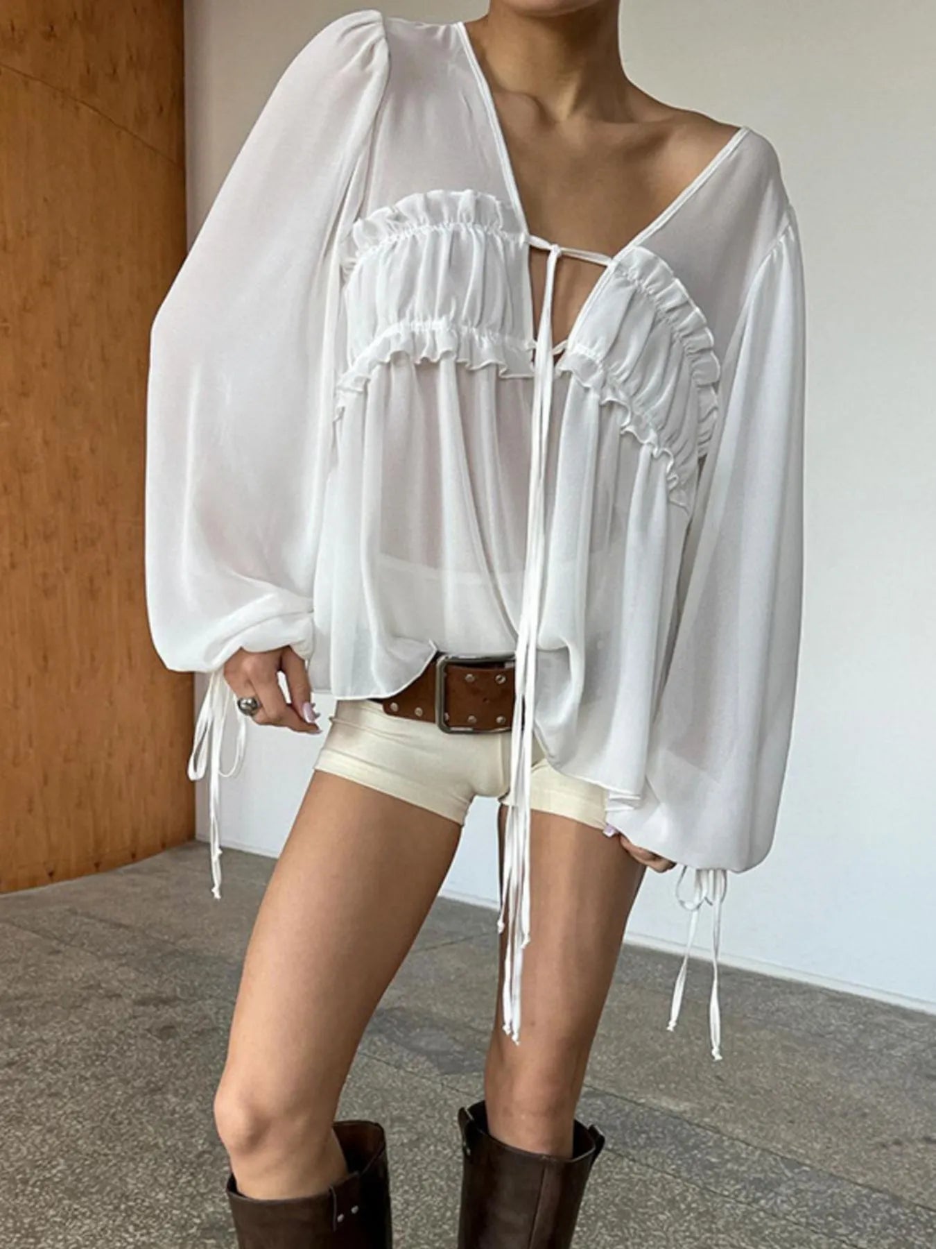 Ruffled Tie Front Long Sleeve Blouse