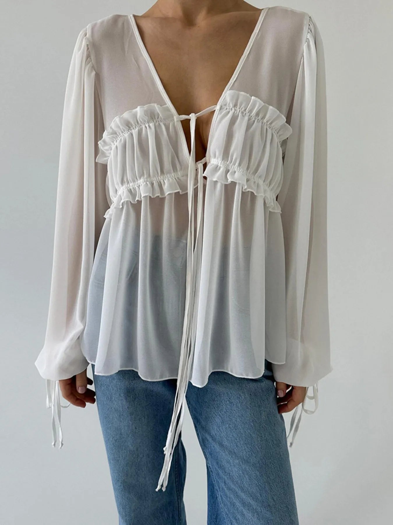 Ruffled Tie Front Long Sleeve Blouse