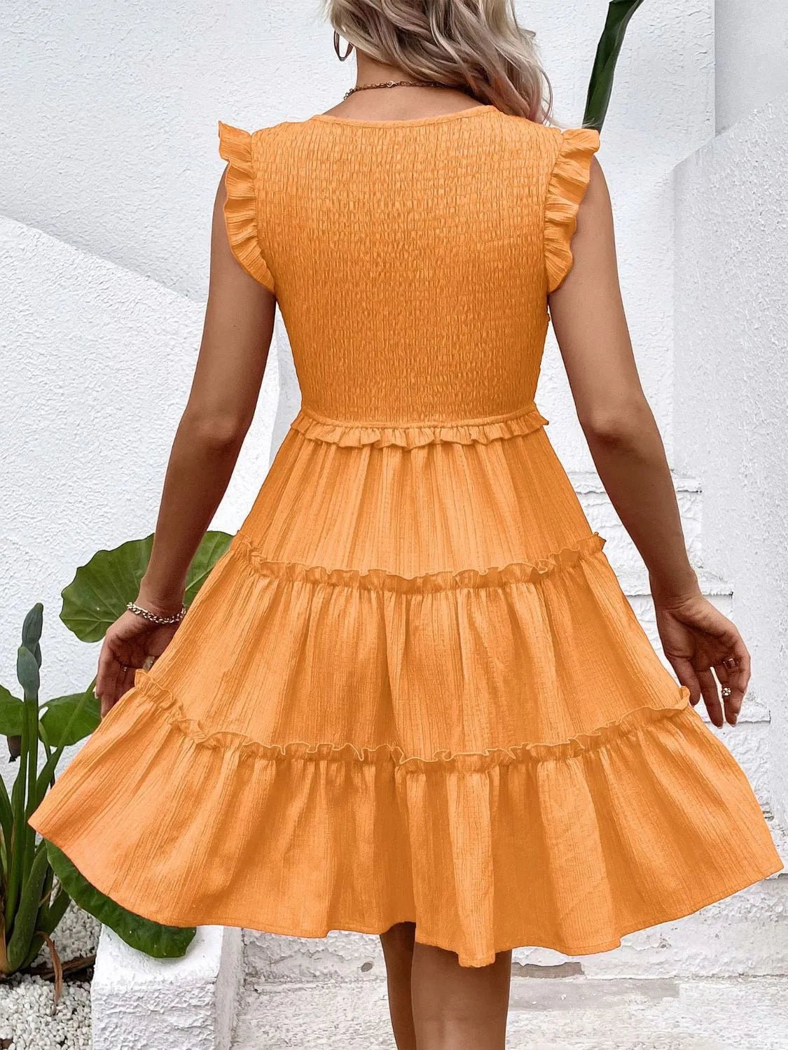 Ruffled V - Neck Cap Sleeve Dress