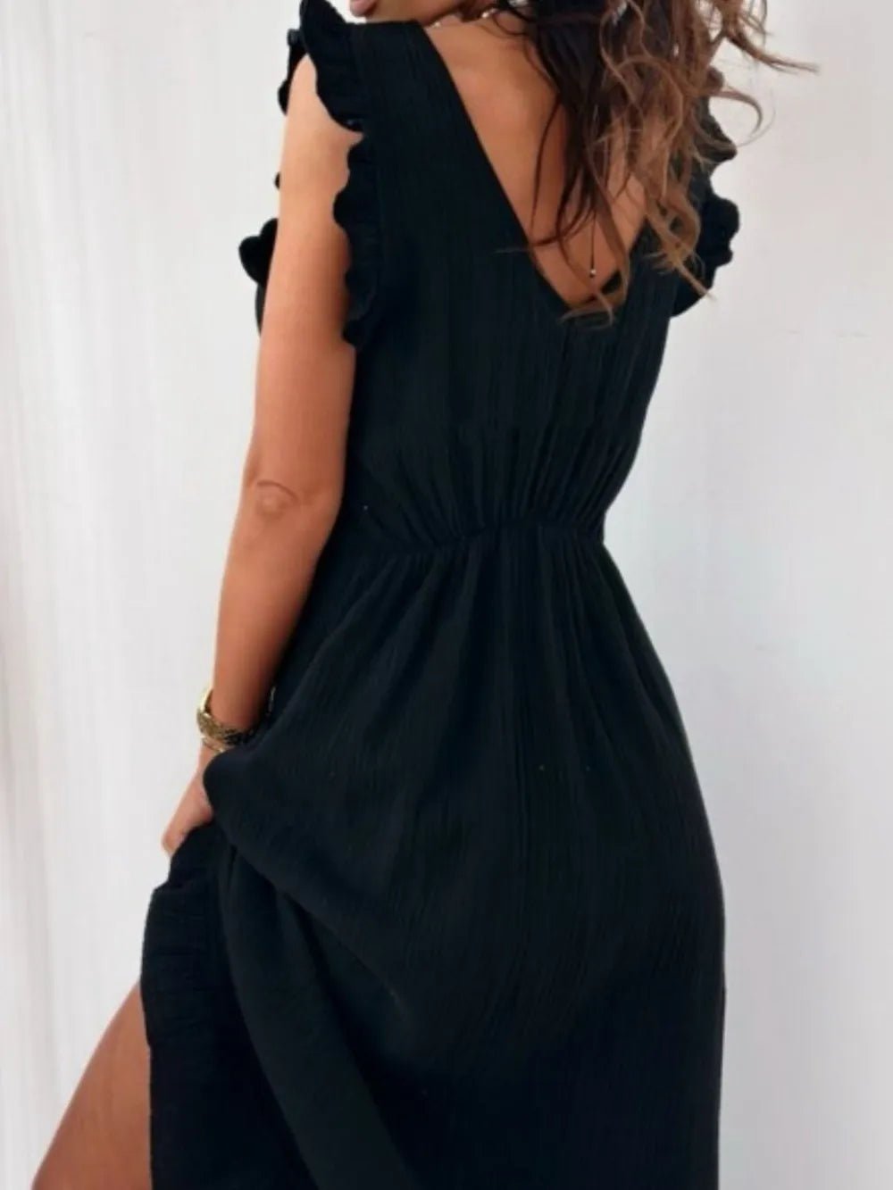 Ruffled V - Neck Cap Sleeve Maxi Dress
