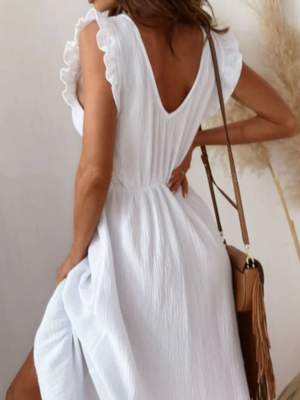 Ruffled V - Neck Cap Sleeve Maxi Dress