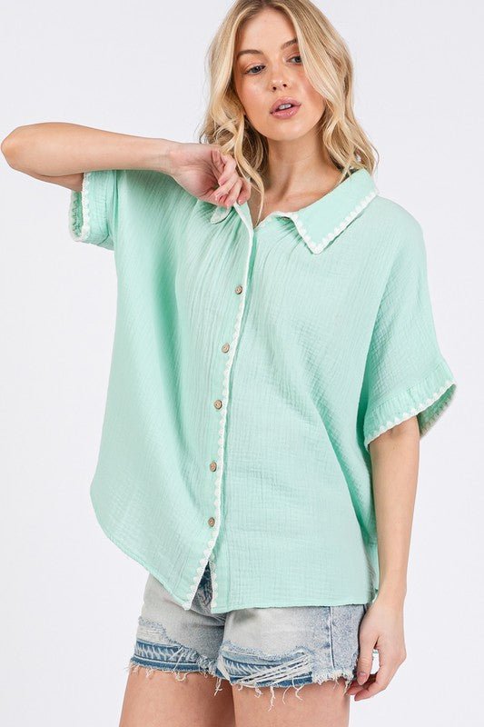 SAGE+FIG Boho Contrast Zigzag Trim Gauze Button - Up Shirt
