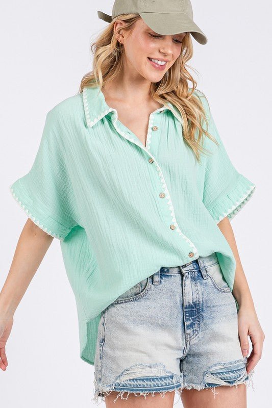SAGE+FIG Boho Contrast Zigzag Trim Gauze Button - Up Shirt