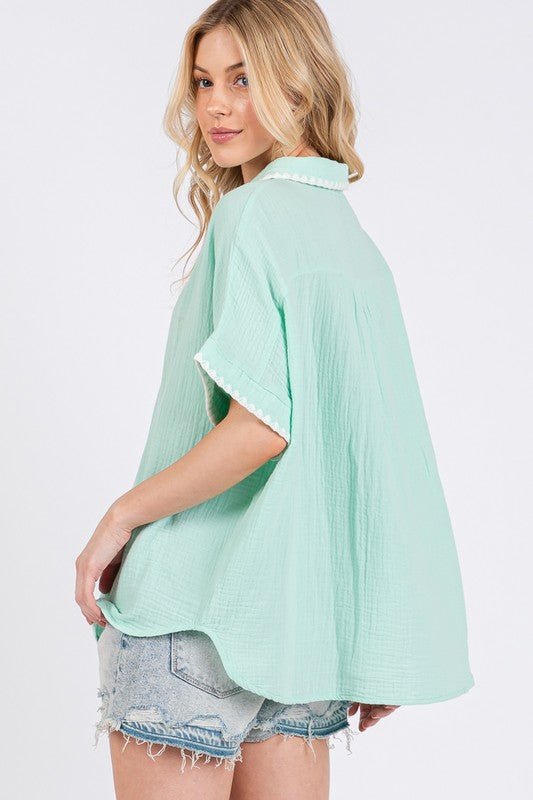SAGE+FIG Boho Contrast Zigzag Trim Gauze Button - Up Shirt