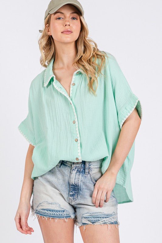SAGE+FIG Boho Contrast Zigzag Trim Gauze Button - Up Shirt