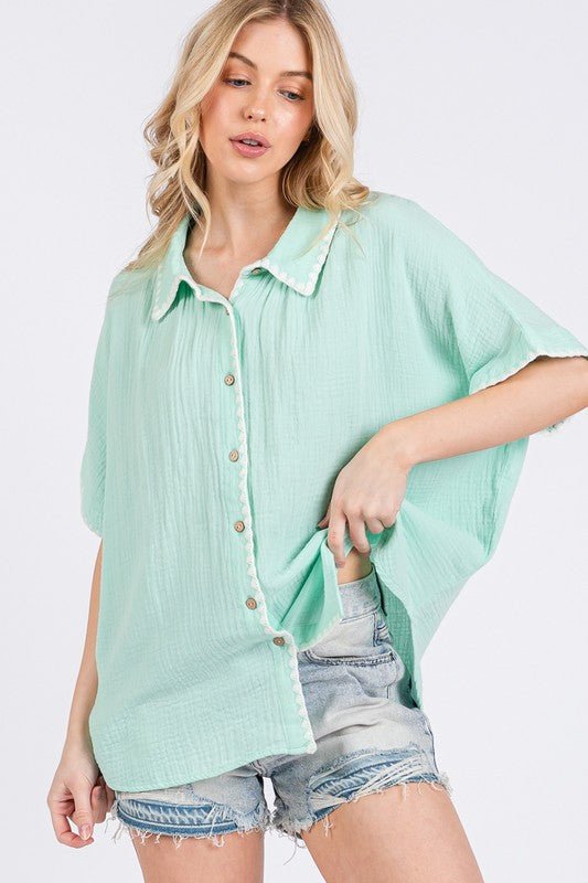 SAGE+FIG Boho Contrast Zigzag Trim Gauze Button - Up Shirt