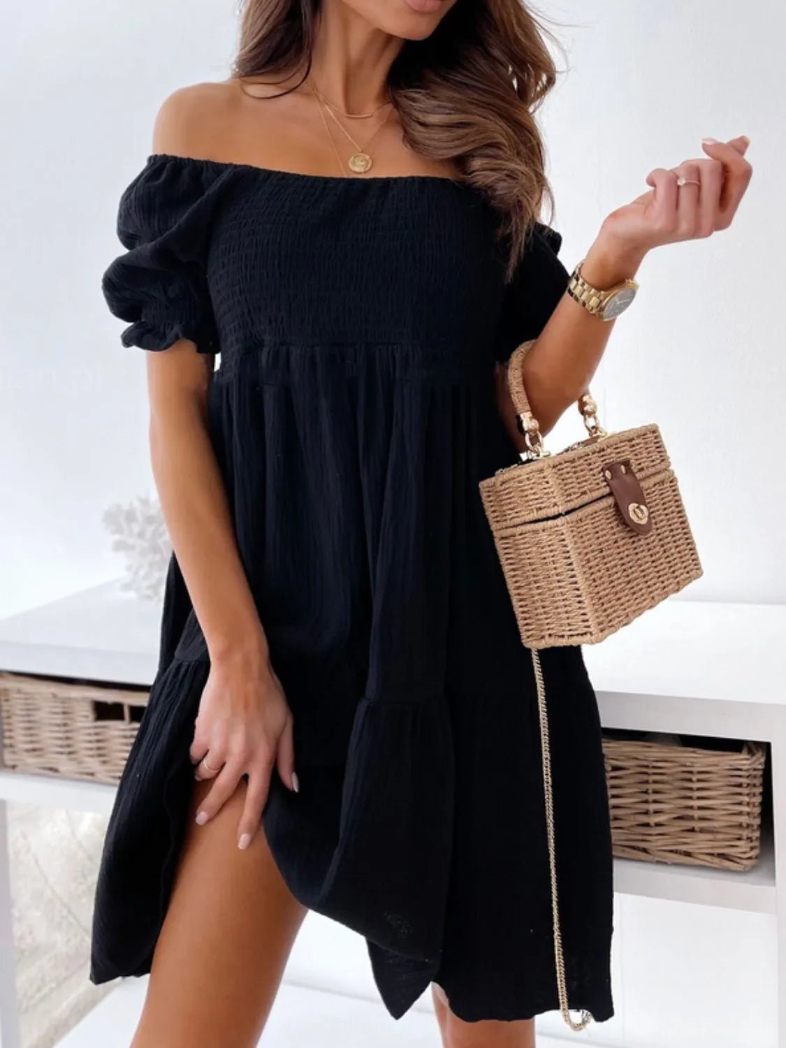 Smocked Off - Shoulder Mini Dress