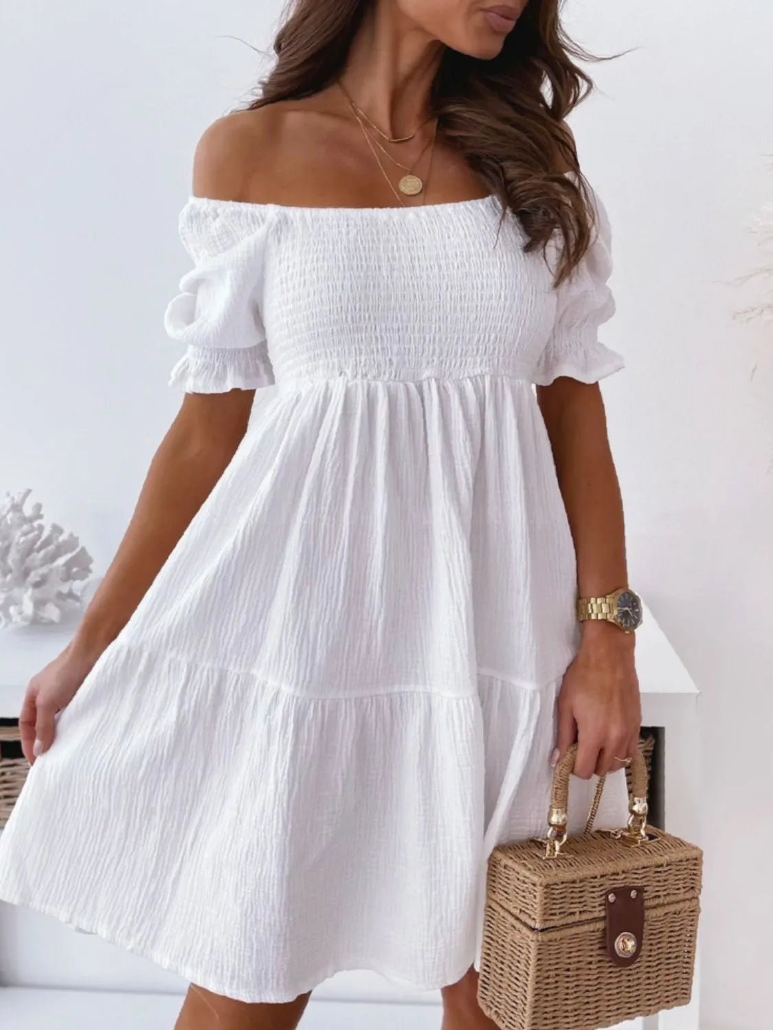 Smocked Off - Shoulder Mini Dress