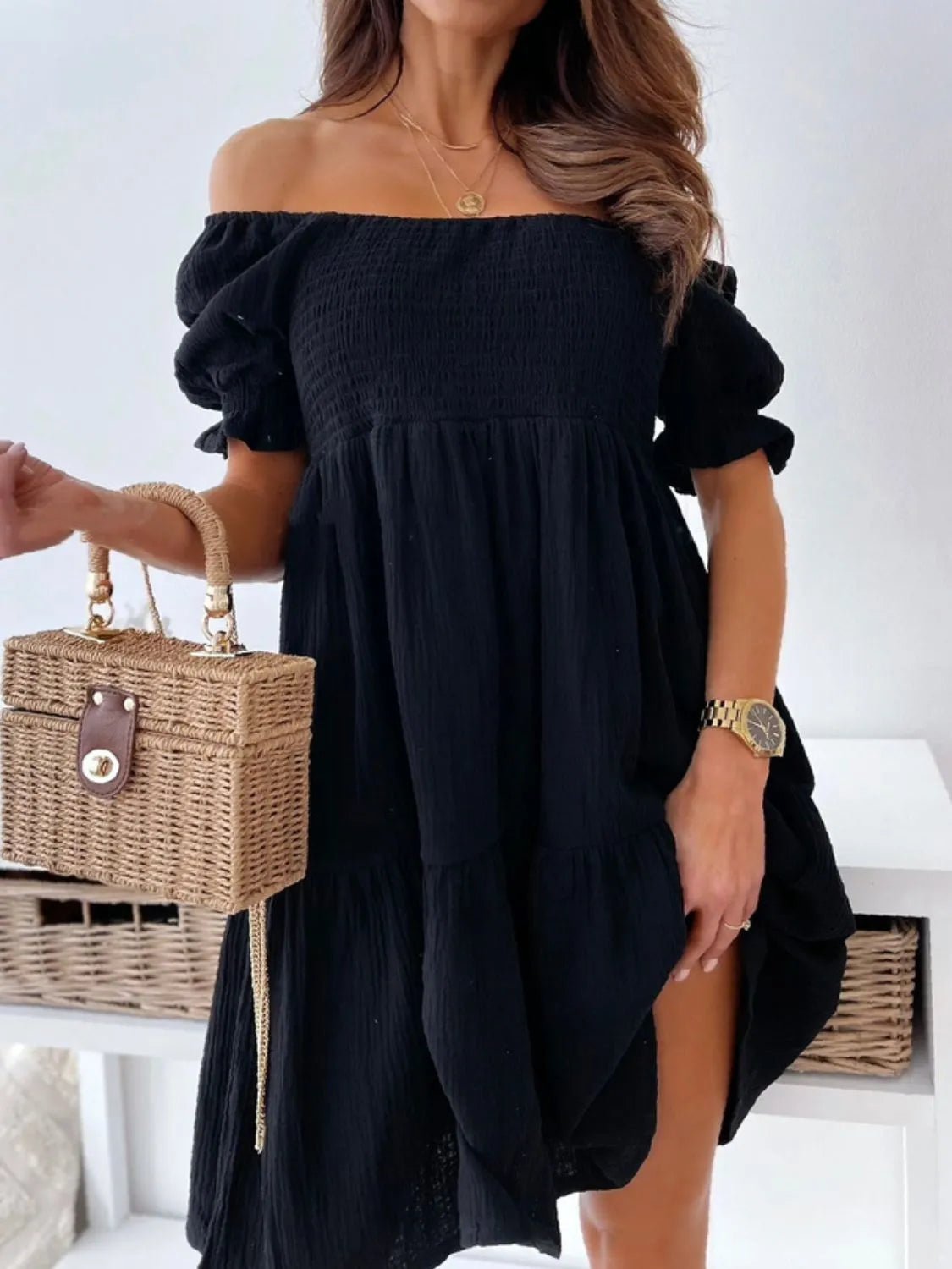 Smocked Off - Shoulder Mini Dress