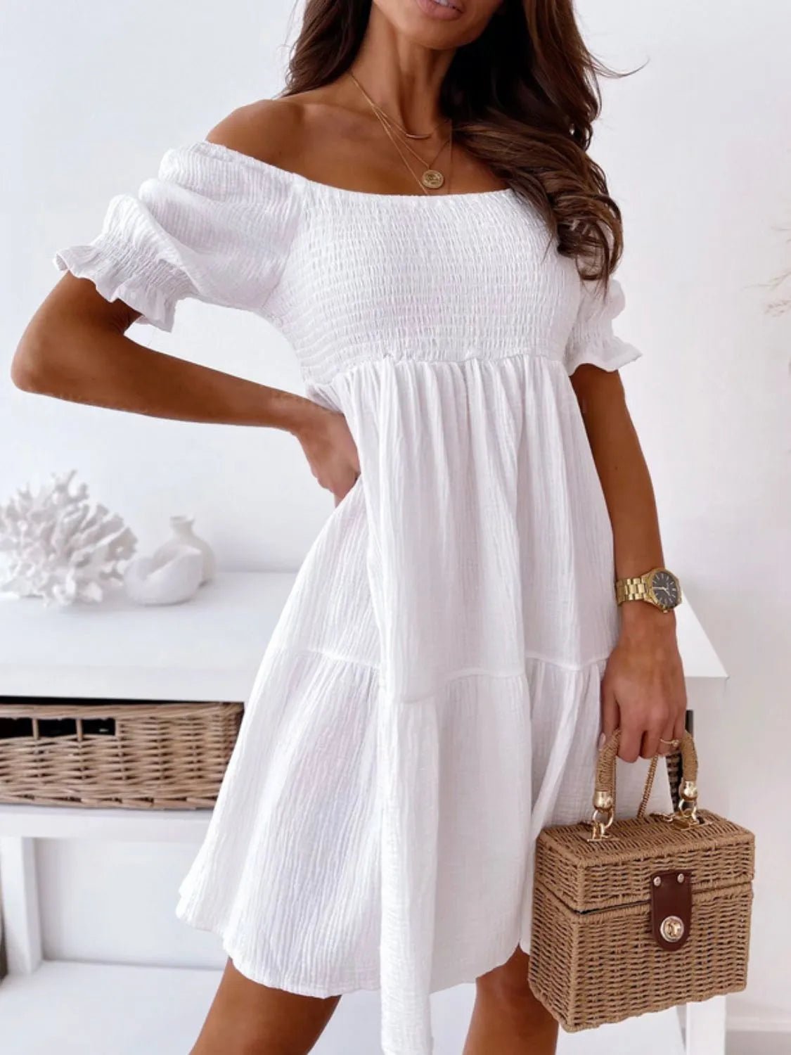 Smocked Off - Shoulder Mini Dress