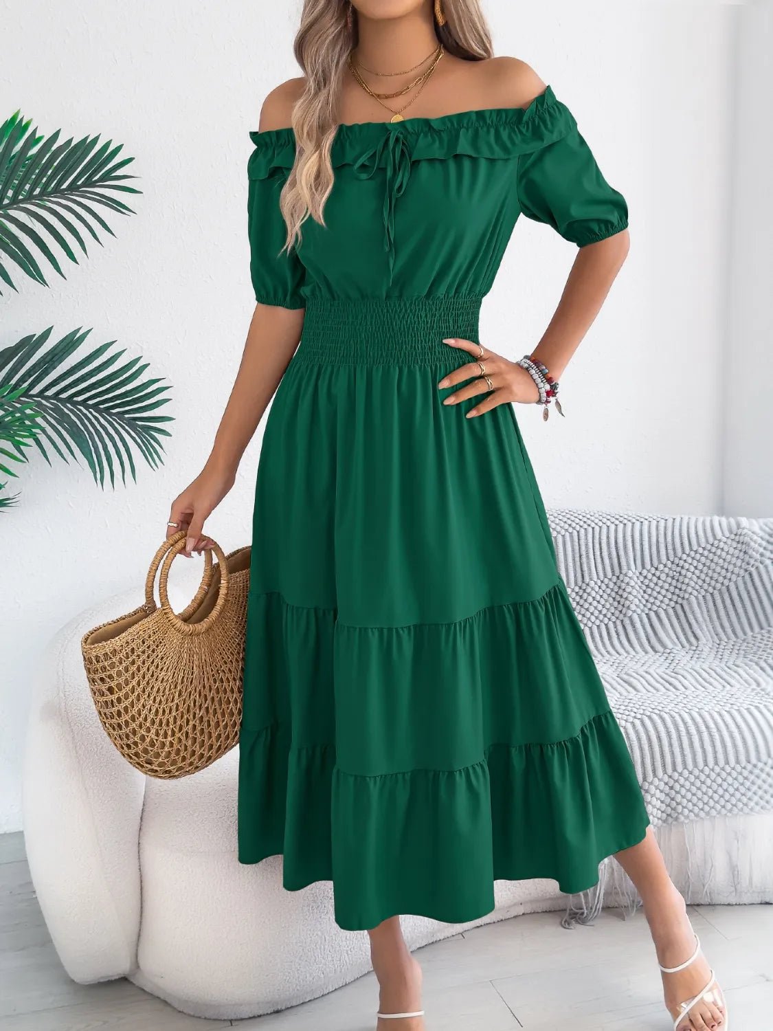 Smocked Off - Shoulder Tiered Dress