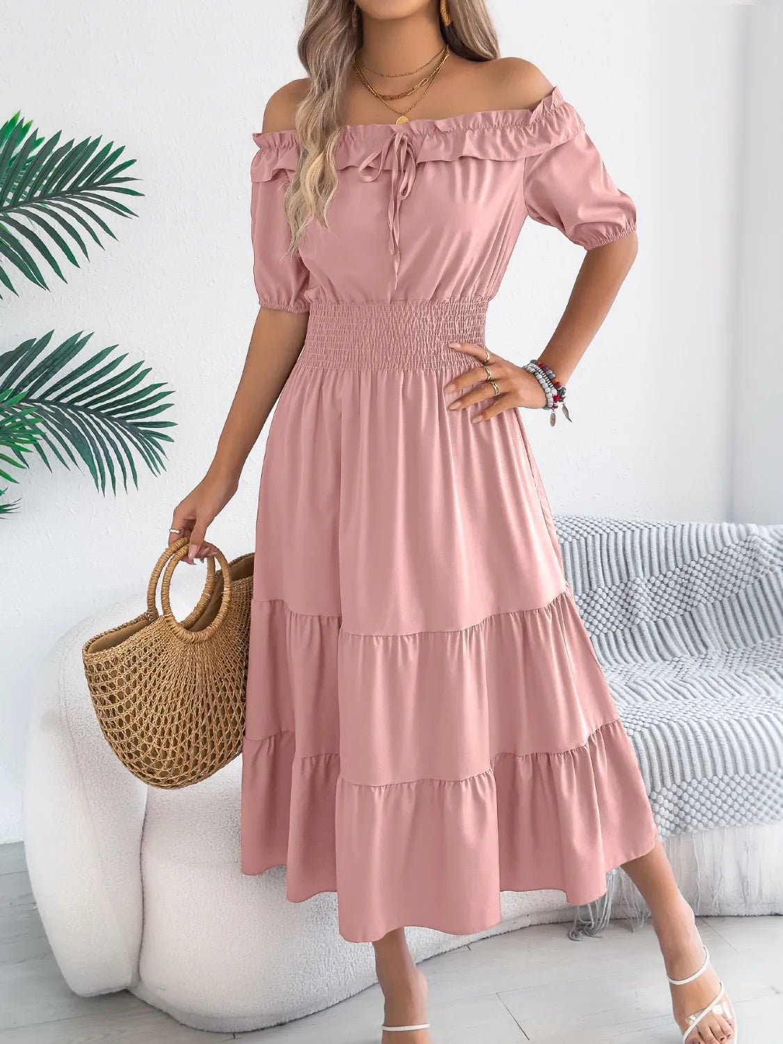 Smocked Off - Shoulder Tiered Dress