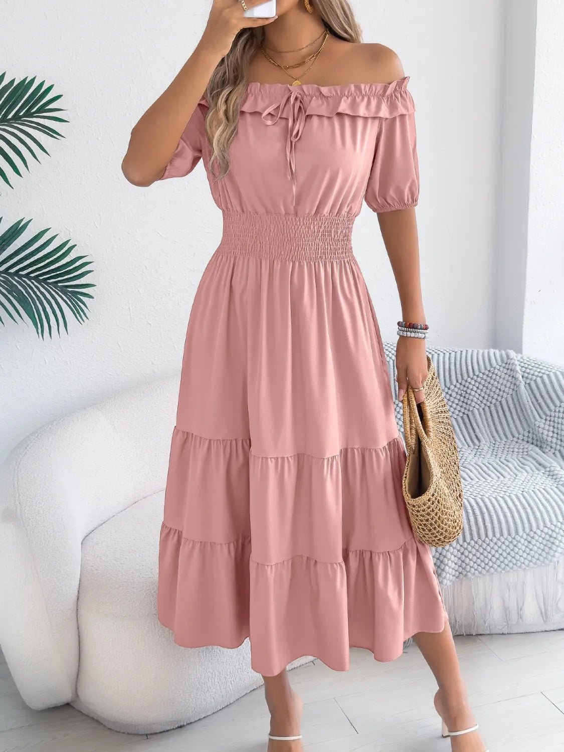 Smocked Off - Shoulder Tiered Dress