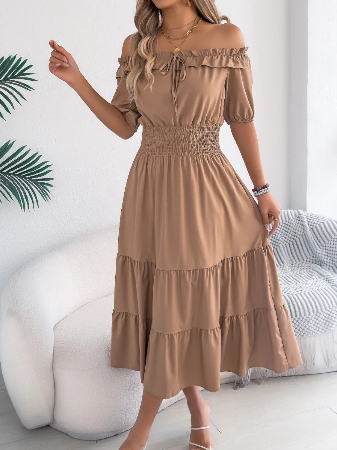 Smocked Off - Shoulder Tiered Dress