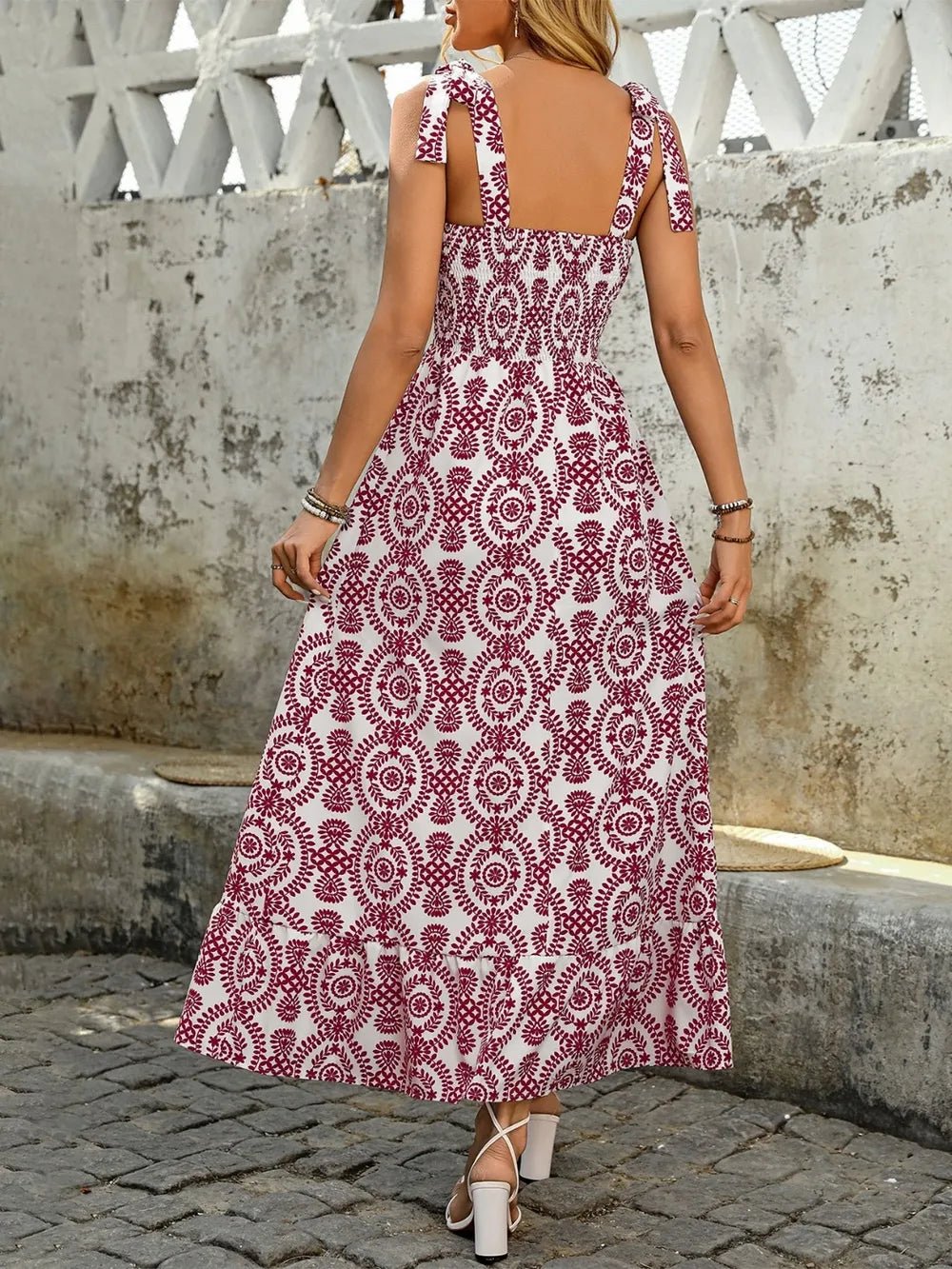 Smocked Slit Printed Tie Shoulder Dress