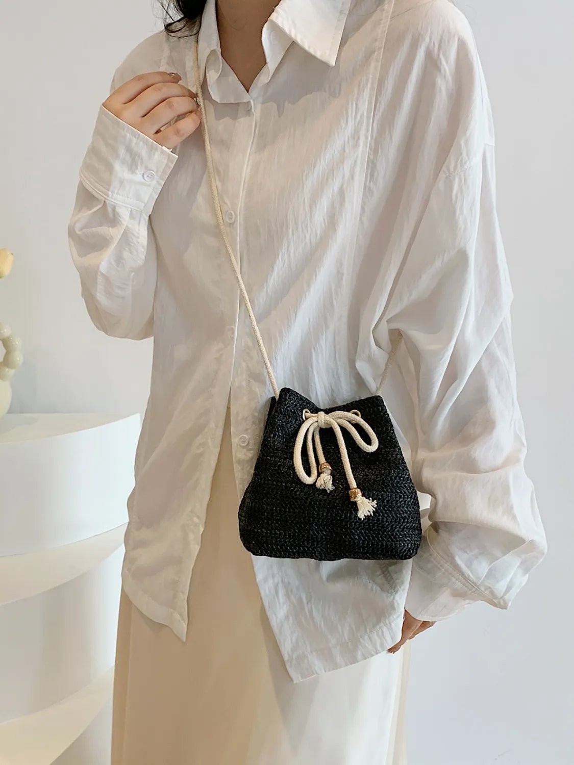 Straw Braided Drawstring Bucket BagBag