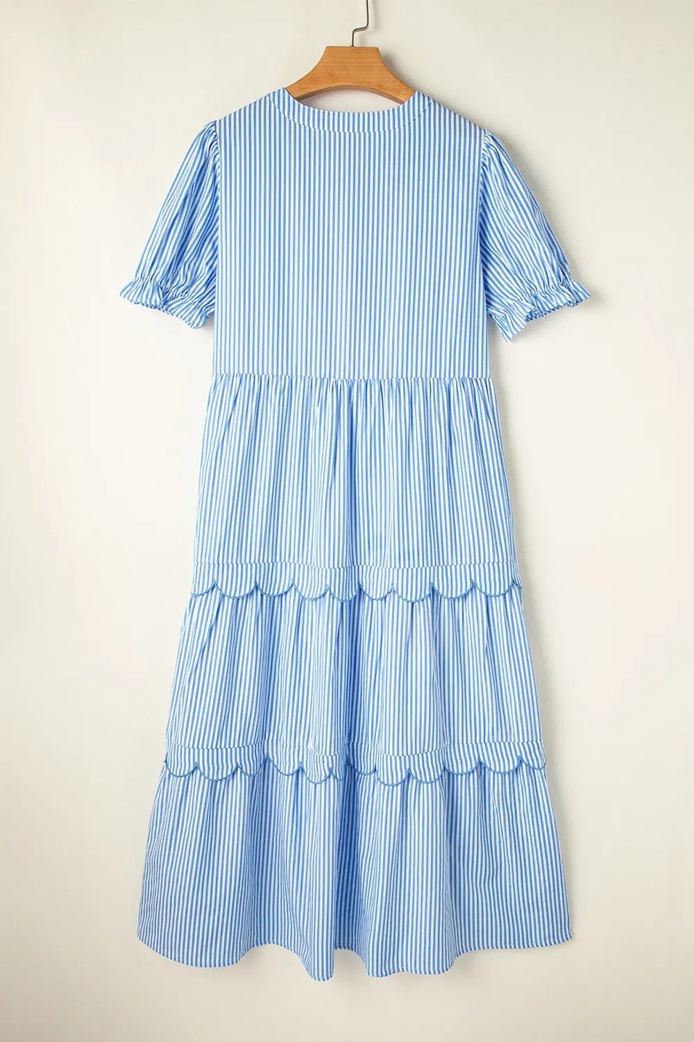 Stripe Bubble Short Sleeve Tiered Scallop Midi Dress