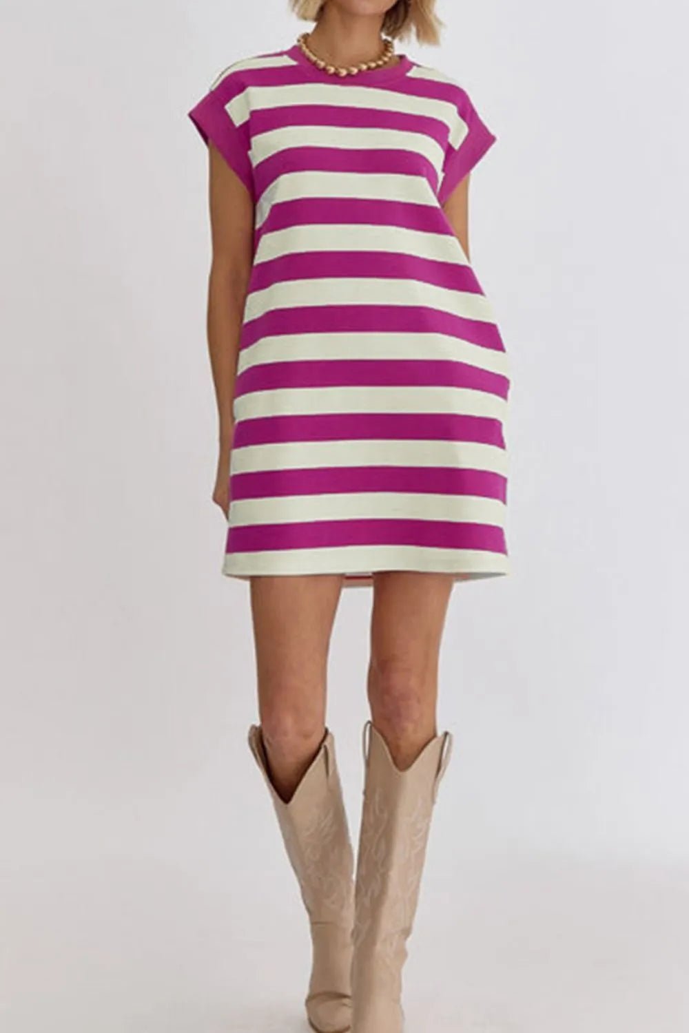 Stripe Cap Sleeve Pocketed Shift Tee Dress