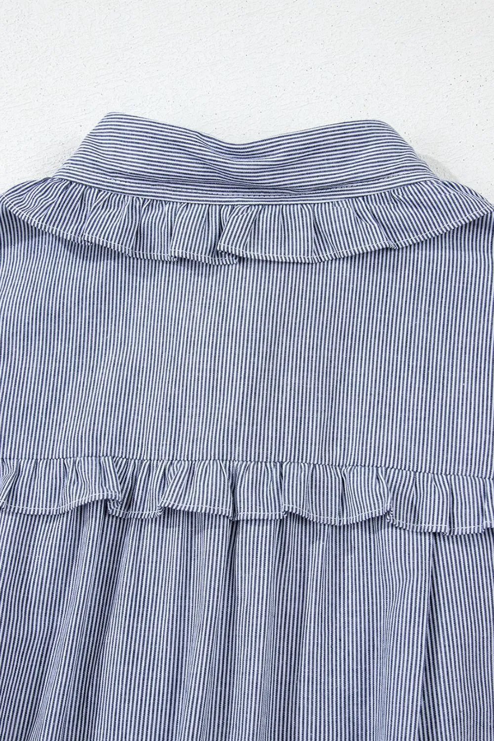 Stripe Frilled Ruffled Cap Sleeve Button Up Mini Dress