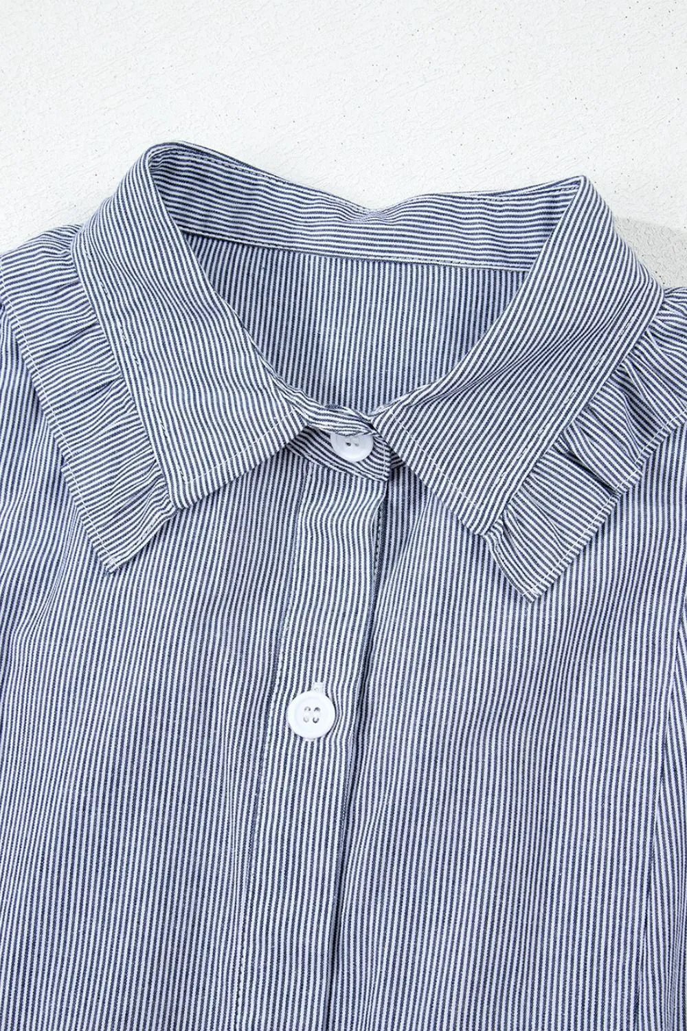 Stripe Frilled Ruffled Cap Sleeve Button Up Mini Dress