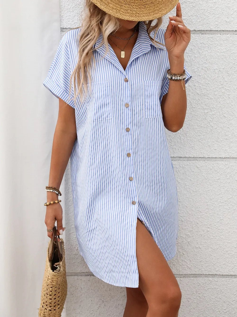 Striped Button Down Short Sleeve Mini Dress