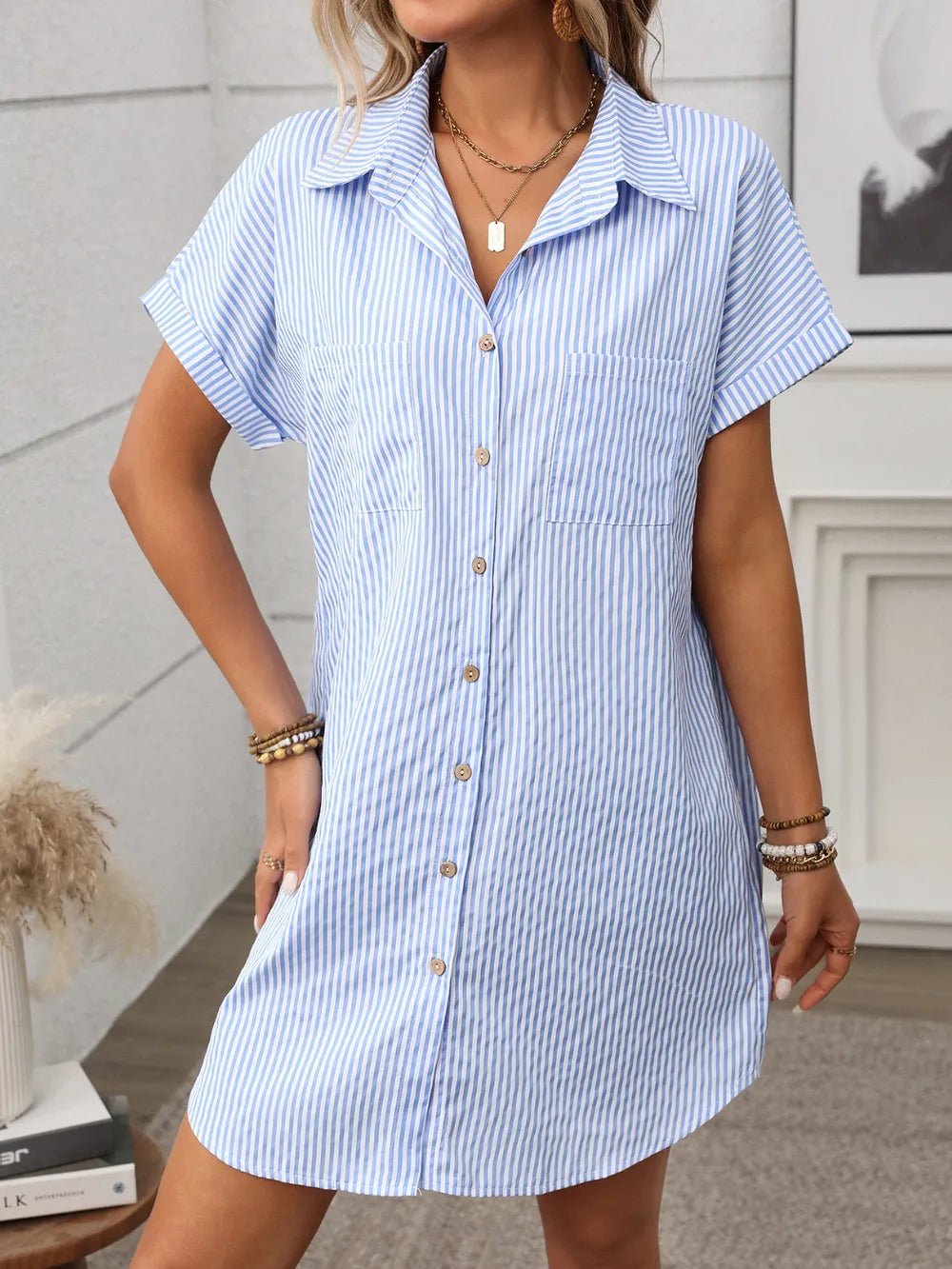 Striped Button Down Short Sleeve Mini Dress