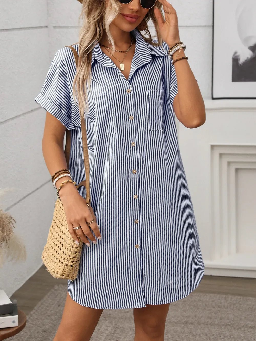 Striped Button Down Short Sleeve Mini Dress
