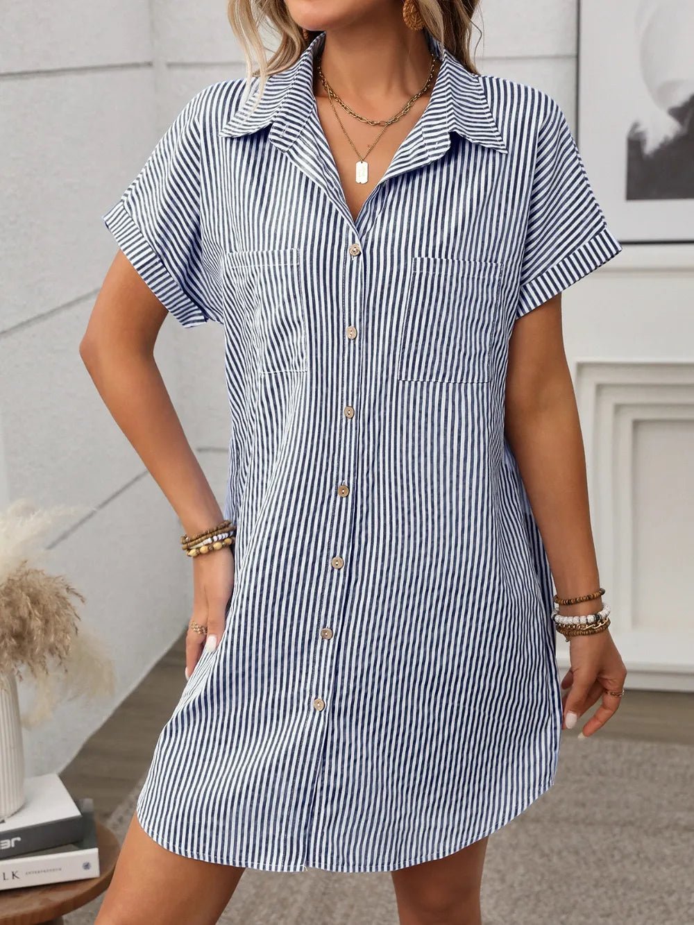 Striped Button Down Short Sleeve Mini Dress
