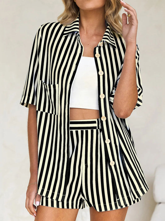 Striped Button Up Shirt and Shorts Set