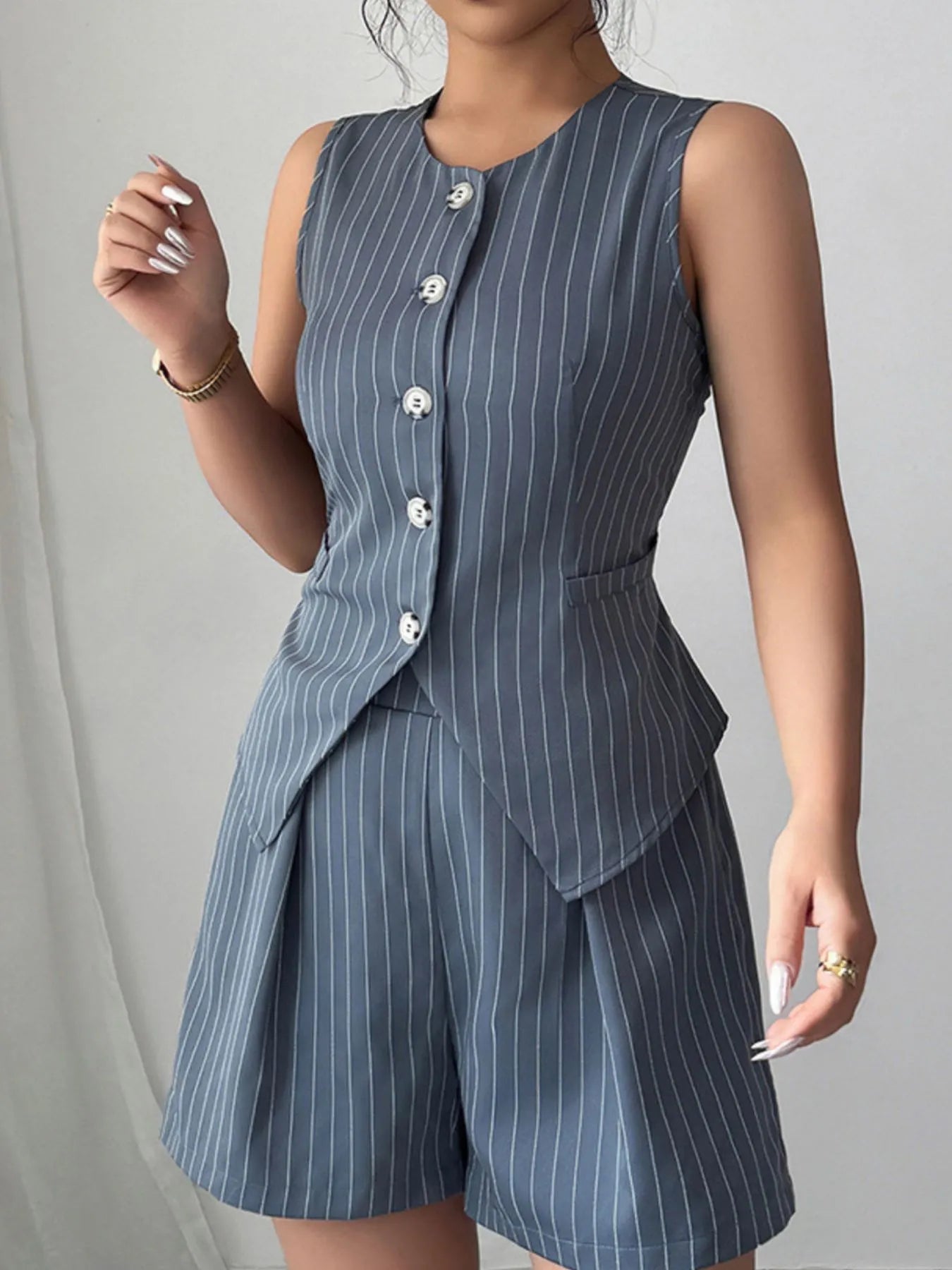 Striped Button Up Vest and Shorts Set