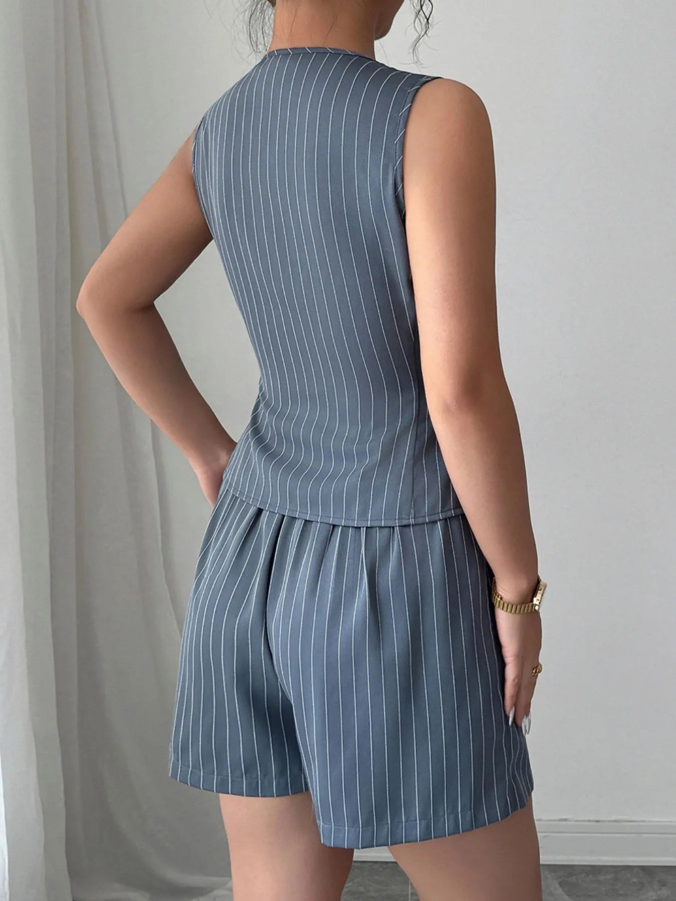 Striped Button Up Vest and Shorts Set